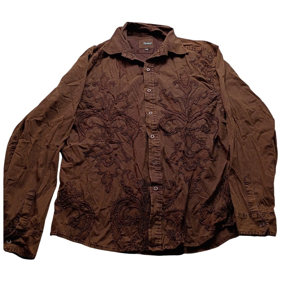 Roar Men's 2X Brown Long Sleeve Embroidered Western Button Down Shirt Casual